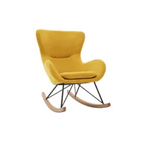 rocking chair scandinave en tissu effet velours jaune moutarde, métal noir et bois clair eskua