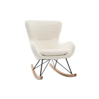 rocking chair scandinave en tissu effet peau de mouton blanc, métal noir et bois clair  eskua