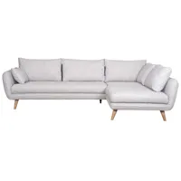 canapé d'angle droit scandinave 5 places en tissu gris clair chiné et bois clair creep