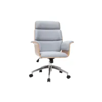 fauteuil de bureau à roulettes design en tissu gris clair, bois clair et achier chromé elon