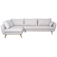 canapé d'angle gauche scandinave 5 places en tissu gris clair chiné et bois clair creep