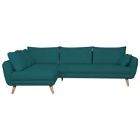 canapé d'angle gauche scandinave 5 places en tissu bleu paon et bois clair creep