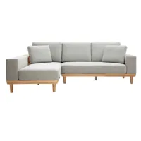 canapé d'angle gauche 5 places avec rangements en tissu effet velours texturé gris clair et bois clair komao