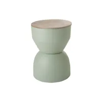 table d'appoint ronde design avec rangement en métal vert céladon et bois manguier massif d30 cm yoyo