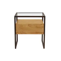 table de chevet avec tiroir en bois manguier massif, verre et métal noir l50 cm diya