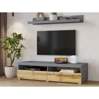 meuble tv-hifi robb 2 portes gris/chêne wotan avec étagère