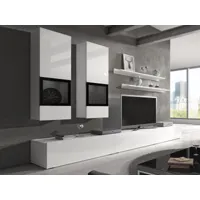 mur tv-hifi babel 5 portes blanc/blanc laqué sans led sans table basse
