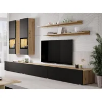mur tv-hifi babel 5 portes chêne artisan/noir mat avec led sans table basse