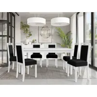 table repas alf 160 > 200 cm blanc avec 6 chaises coussins noir
