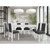 table repas alf 160 > 200 cm blanc avec 6 chaises coussins gris