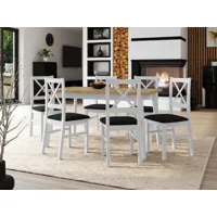 table repas alonso 140 > 180 cm blanc avec 6 chaises coussins noir