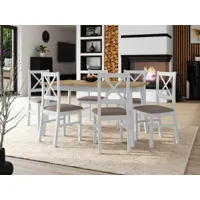 table repas alezy 140 > 180 cm blanc avec 6 chaises coussins taupe