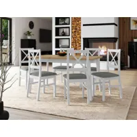 table repas alezy 140 > 180 cm blanc avec 6 chaises coussins gris