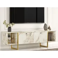 meuble tv-hifi vincenzo 2 portes marbre blanc/or