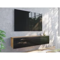 meuble tv-hifi kingston 1 porte battante 140 cm chêne doré/noir brillant
