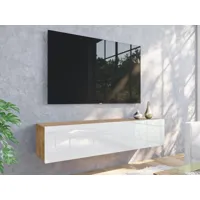 meuble tv-hifi kingston 1 porte battante 140 cm chêne doré/blanc brillant