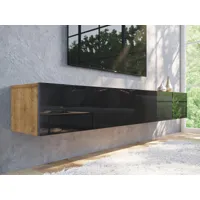 meuble tv-hifi kingston 2 portes battantes 210 cm chêne doré/noir brillant