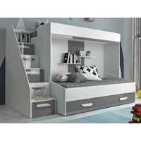 lit superposé pareo 90x200 cm blanc/gris brillant avec escalier à gauche