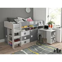 lit combiné tolisso 90x200 cm blanc/gris brillant avec bureau à droite