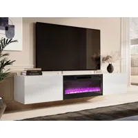 meuble tv-hifi cheminée spalo 2 portes blanc/blanc brillant