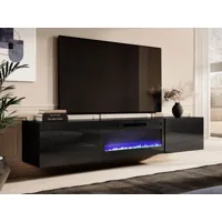 meuble tv-hifi cheminée spalo 2 portes noir/noir brillant