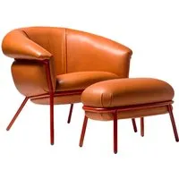 bd barcelona design fauteuil avec repose-pied pouf ottoman grasso (dark orange f20 et structure rouge - cuir florida cat. f et acier verni)
