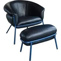 bd barcelona design fauteuil avec repose-pied pouf ottoman grasso (black f10 et structure bleue - cuir florida cat. f et acier verni)