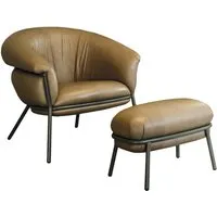 bd barcelona design fauteuil avec repose-pied pouf ottoman grasso (aged camel v18 et structure beige - tissu vintage nabuk cat. v et acier verni)
