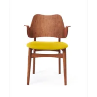 warm nordic chaise gesture, assise revêtue de textile tissu jaune, structure en chêne huilé teck