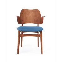 warm nordic chaise gesture, assise revêtue de textile support en chêne huilé teck sea blue