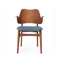 warm nordic chaise gesture, assise revêtue de textile tissu canvas 734 denim, structure en chêne huilé teck, assise rembourrée