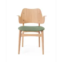 warm nordic chaise gesture, assise revêtue de textile tissu canvas 926 sage green, structure en chêne huilé blanc, assise rembourrée