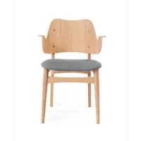 warm nordic chaise gesture, assise revêtue de textile tissu grey melange, structure en chêne huilé blanc, assise rembourrée