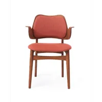 warm nordic chaise gesture, assise et dossier revêtus de textile tissu canvas 566 peachy pink, structure en chêne huilé teck, assise rembourrée, dossier rembourré