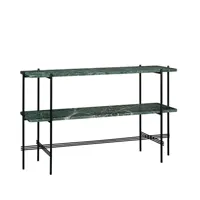 gubi table d’appoint ts console 120x30x72 cm green guatemala marble, structure noire, 2 étagères en marbre