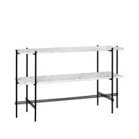 gubi table d’appoint ts console 120x30x72 cm white carrara marble, structure noire, 2 étagères en marbre