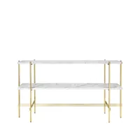 gubi table d’appoint ts console 120x30x72 cm white carrara marble, structure en laiton, 2 étagères en marbre