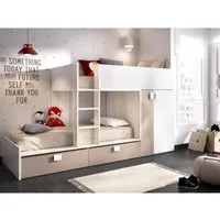vente-unique lits superposés 2 x 90 x 190 cm - armoire intégrée - blanc, naturel et taupe - juanito
