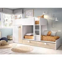 vente-unique lits superposés 2 x 90 x 190 cm - armoire intégrée - blanc et naturel - juanito