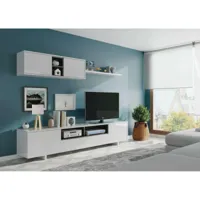 meuble tv de salon à trois portes, avec élément mural et étagère, coloris blanc brillant, dimensions du meuble tv 200 x 46 x 41 cm dimensions élément haut haut 105 x 35 x 29 cm dimensions étagère 95 x 3 x 21 cm
