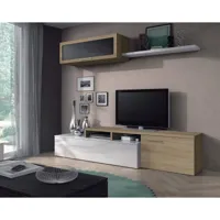 meuble tv de salon, ensemble de salon réversible (peut être placé dans un coin), avec deux portes, élément mural et étagère, chêne et blanc brillant, dimensions 200 x 44 x 41 cm