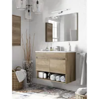 meuble sous-vasque suspendu, avec deux portes battantes et une étagère et un miroir, coloris chêne imitation bois brut, 80 x 64 x 45 cm.