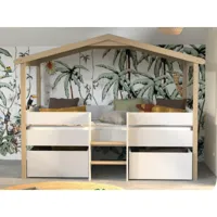 vente-unique lit cabane sarosi avec tiroirs - 90 x 190 cm - tilleul - blanc et chêne + matelas