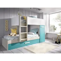 vente-unique lits superposés anthony avec rangements 3 x 90 x 190 cm -  blanc chêne et bleu  + matelas