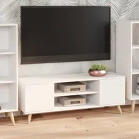 meuble tv avec 2 portes et 1 étagère centrale, buffet avec pieds, buffet de salon style scandinave, cm 155x40h50, couleur blanc