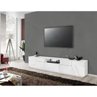 alter meuble tv de salon, made in italy, meuble tv avec 4 portes géométriques et 1 tiroir, cm 220x43h46, blanc brillant  blanc