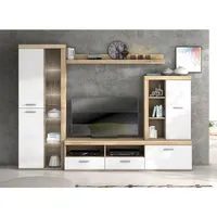 pegane ensemble de salon meuble tv + 1 étagère murale + armoire + meuble haut coloris chêne cambrian, blanc