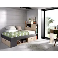 lit avec tête de lit rangements et tiroir - 90 x 190 cm - anthracite et naturel + sommier - leandre