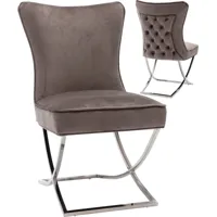 chaise de salle à manger design avec capitonnage à l'arrière revêtement en velours marron et piètement croisée en acier inoxydable argenté collection cavalli