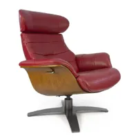 my new design vega - fauteuil relax cuir rouge - coque bois en chêne naturel  rouge